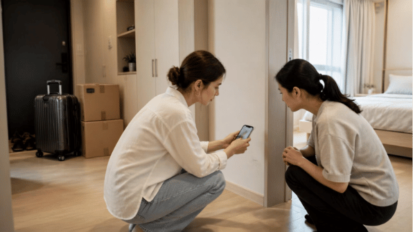 AI-generated illustration of two people checking an apartment's condition with a smartphone before moving out.