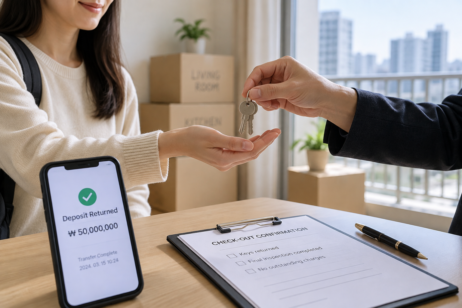 Two people exchanging apartment keys beside a smartphone displaying a simulated deposit-return confirmation.