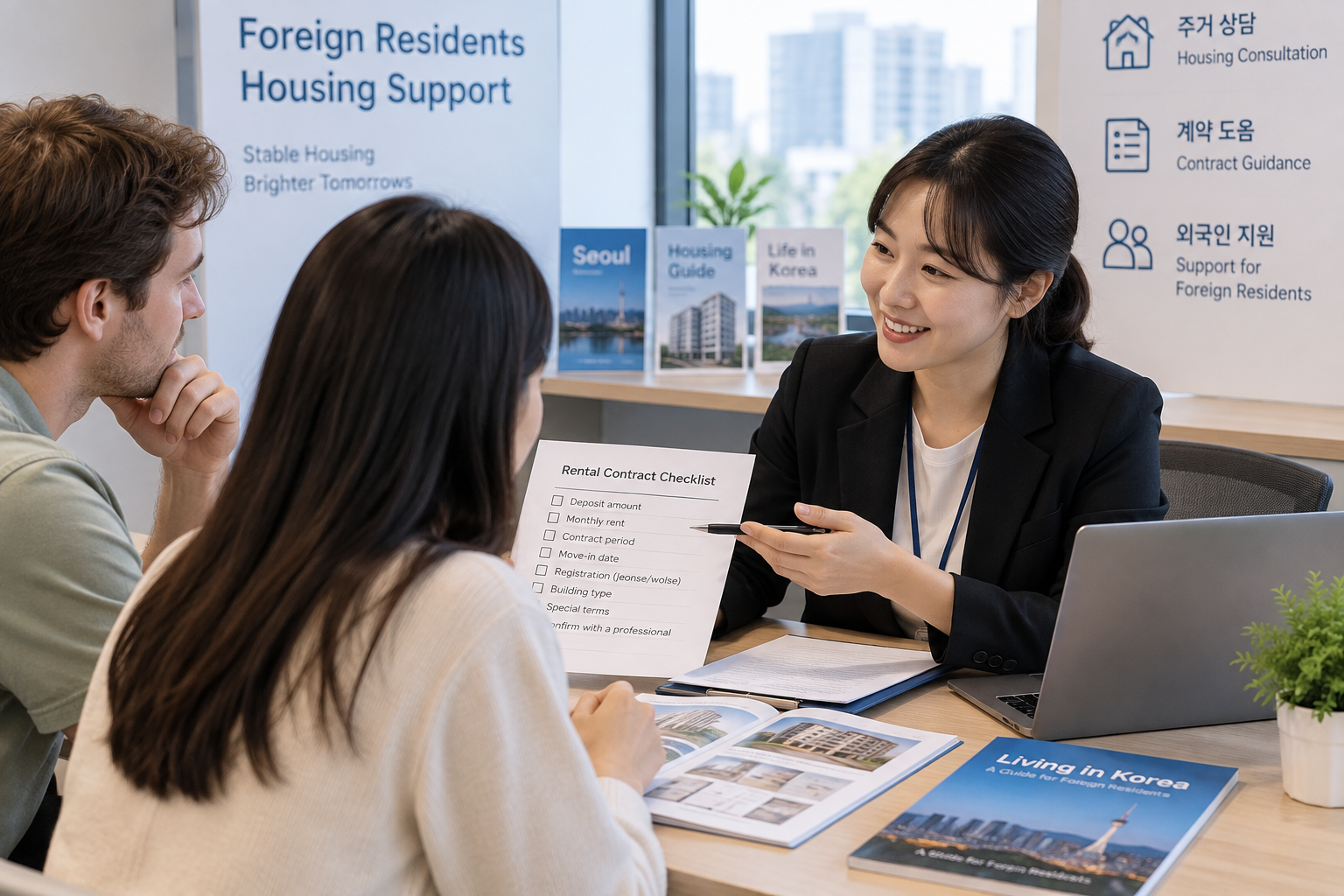 Two renters reviewing housing paperwork with an adviser across an office desk.