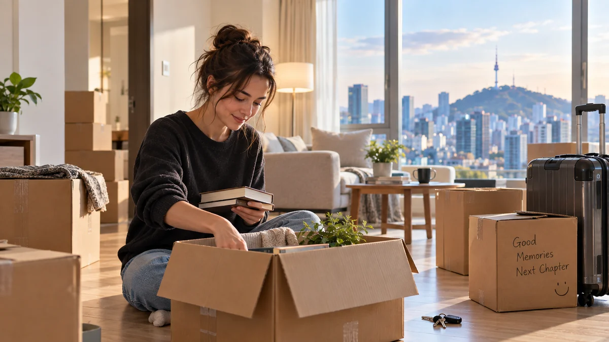 AI-generated illustration of a renter packing belongings into moving boxes in an apartment overlooking Seoul.