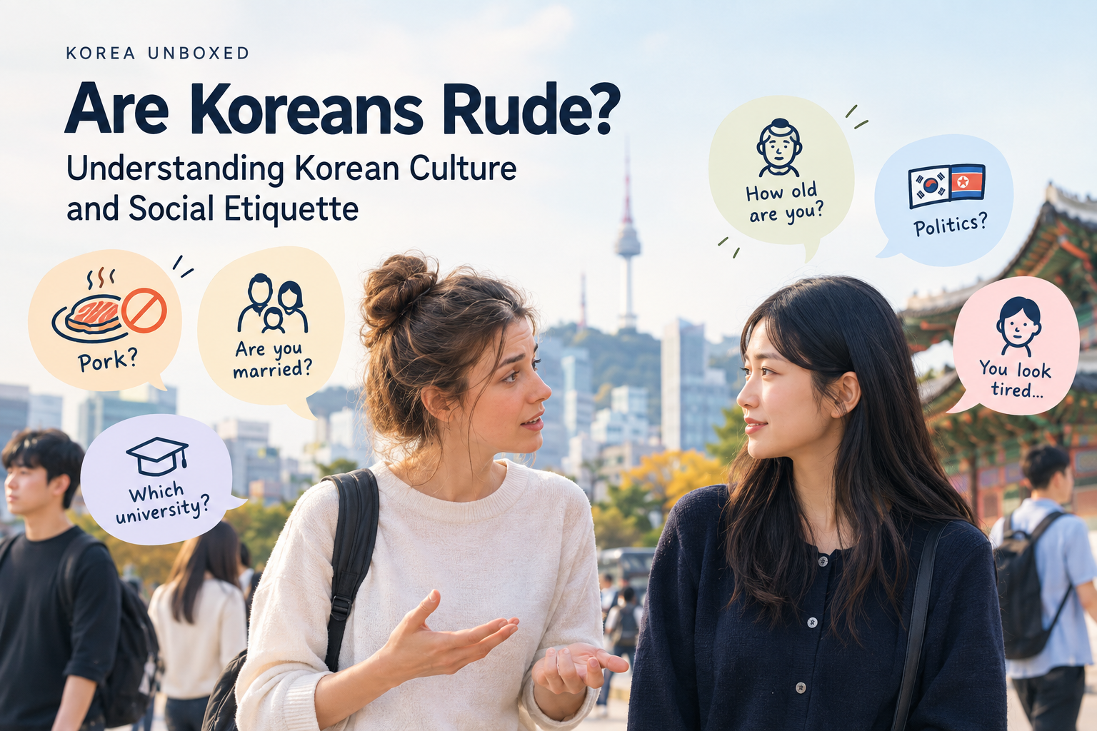 Two women talking in Seoul with speech bubbles representing cultural topics such as age, marriage, food, politics, university, and appearance.