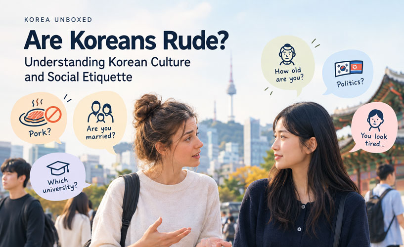Two women talking in Seoul with speech bubbles representing cultural topics such as age, marriage, food, politics, university, and appearance.