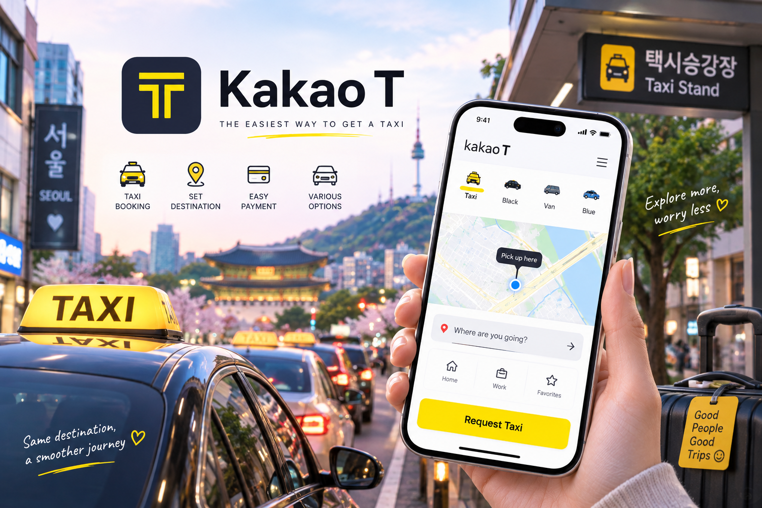 Traveler using Kakao T to request a taxi on a busy street in Seoul.