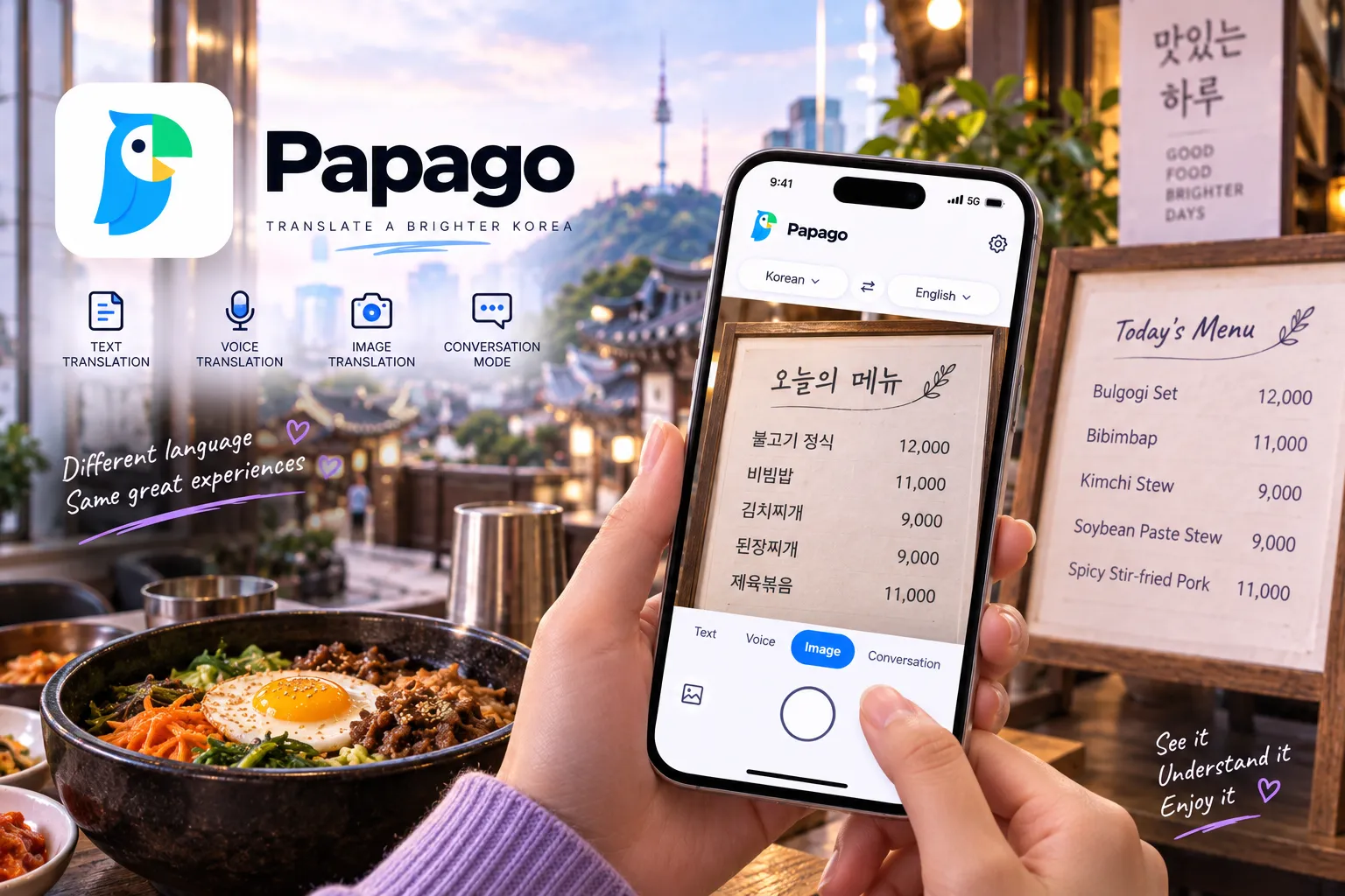 Traveler using Papago to translate a Korean restaurant menu while dining in Seoul