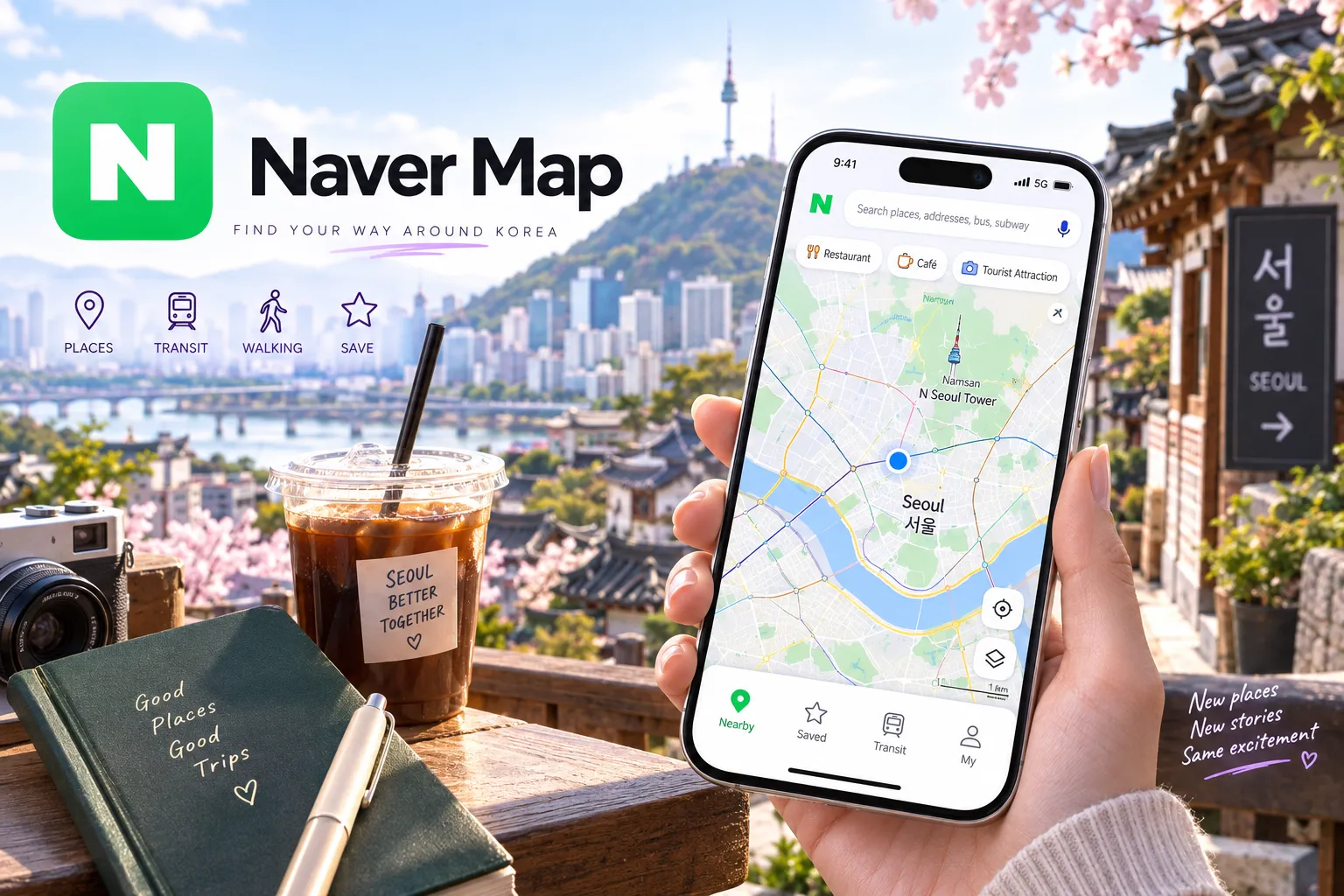 Traveler using Naver Map while exploring Seoul, with traditional Korean architecture and N Seoul Tower in the background.