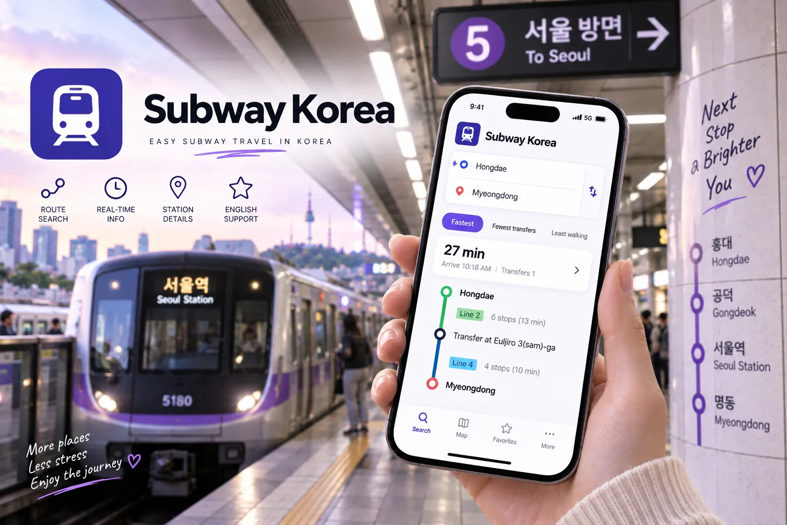 Traveler using a subway planning app on a Seoul subway platform.