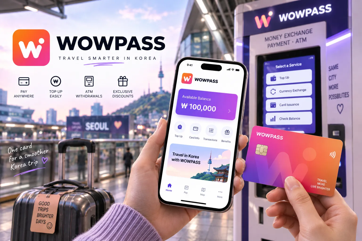 Traveler using the WOWPASS app and prepaid travel card at a payment terminal in Korea.