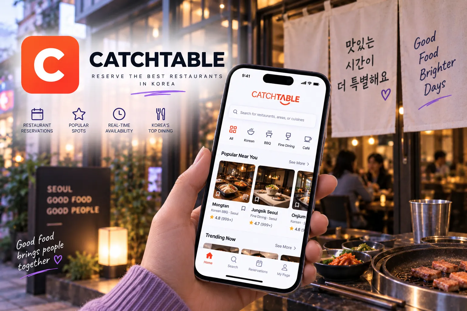 Traveler using CATCHTABLE outside a Korean restaurant with Korean barbecue being served nearby.