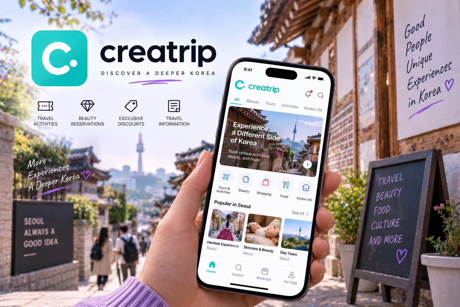 Traveler browsing Korea travel experiences on Creatrip while exploring a traditional Seoul neighborhood.