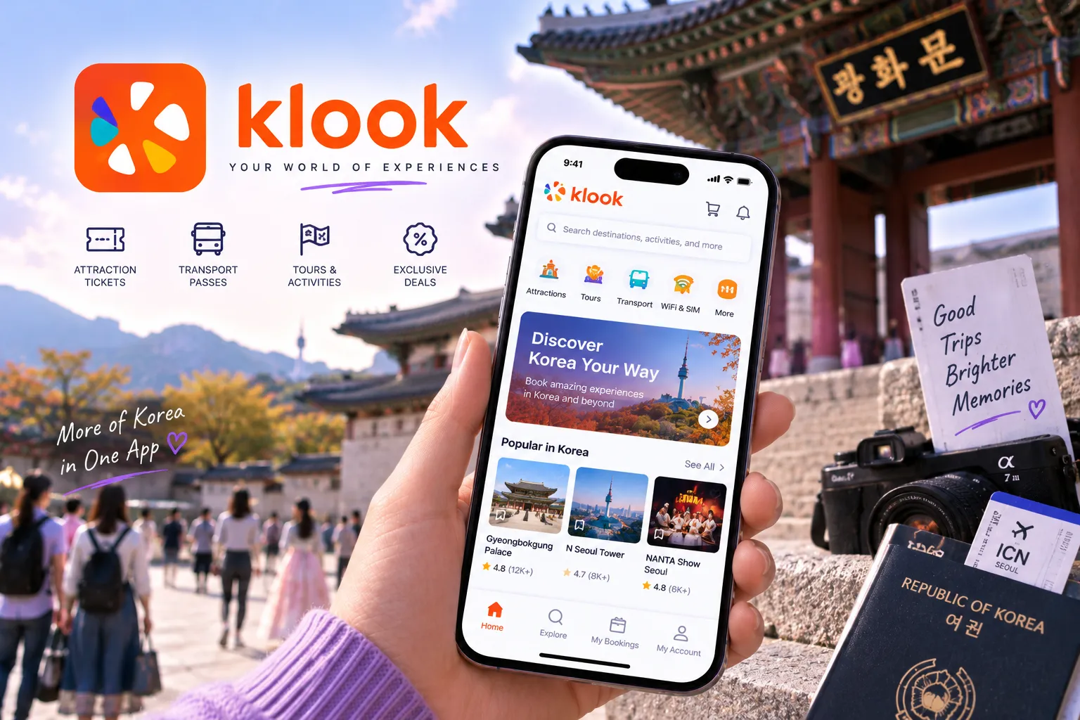 Traveler browsing Korea attractions and activities on Klook near Gyeongbokgung Palace in Seoul.