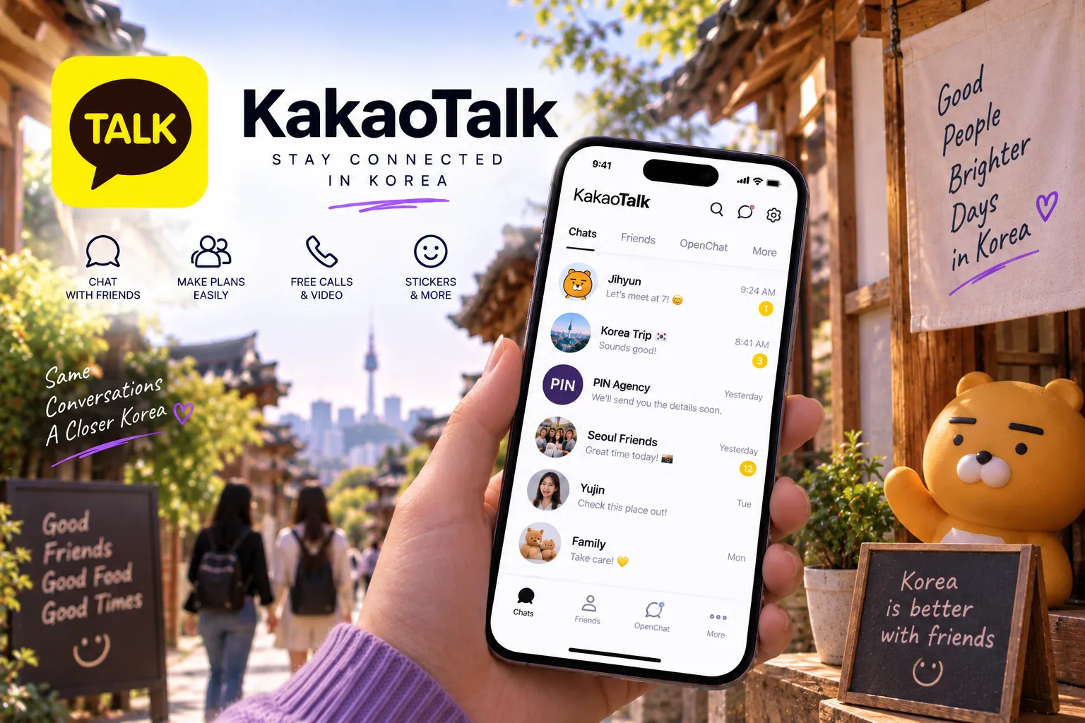 Traveler using KakaoTalk while exploring a traditional neighborhood in Seoul with friends nearby.