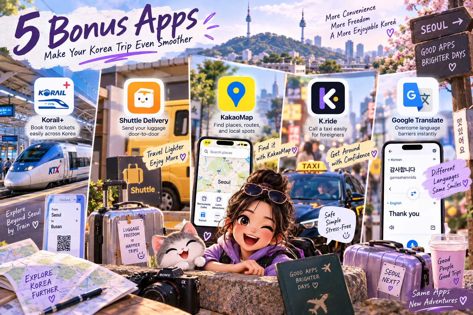 Illustrated Korea travel collage featuring KORAIL+, Shuttle Delivery, KakaoMap, k.ride, and Google Translate.