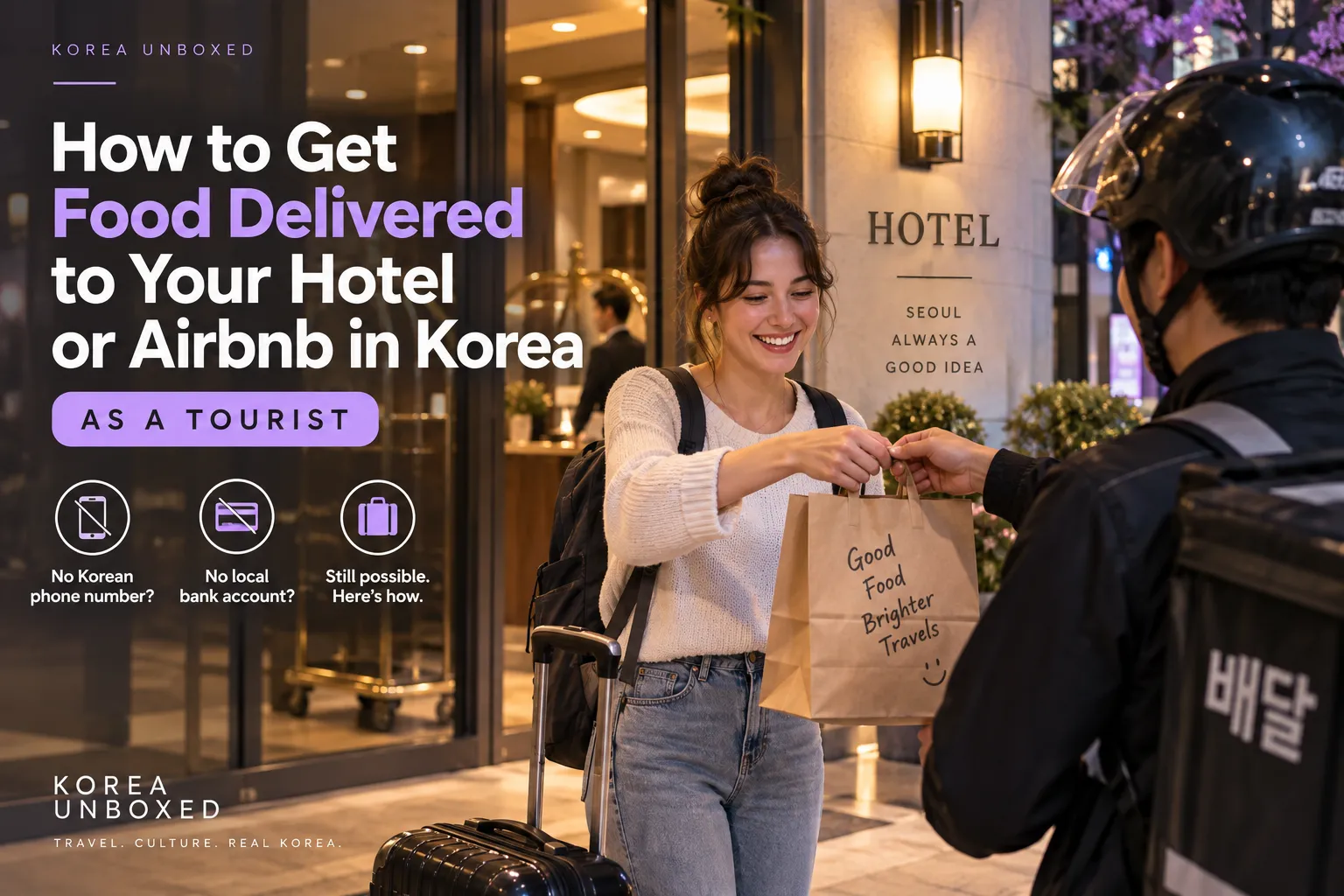 Traveler receiving a food delivery from a rider outside a hotel in Seoul at night.