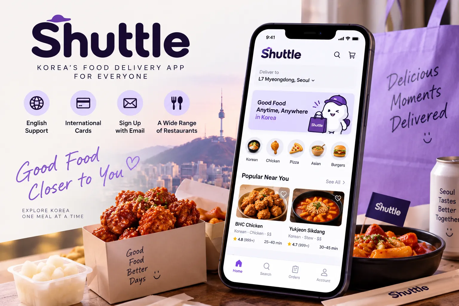 Korean fried chicken and tteokbokki beside a smartphone displaying the Shuttle food delivery app in Seoul.