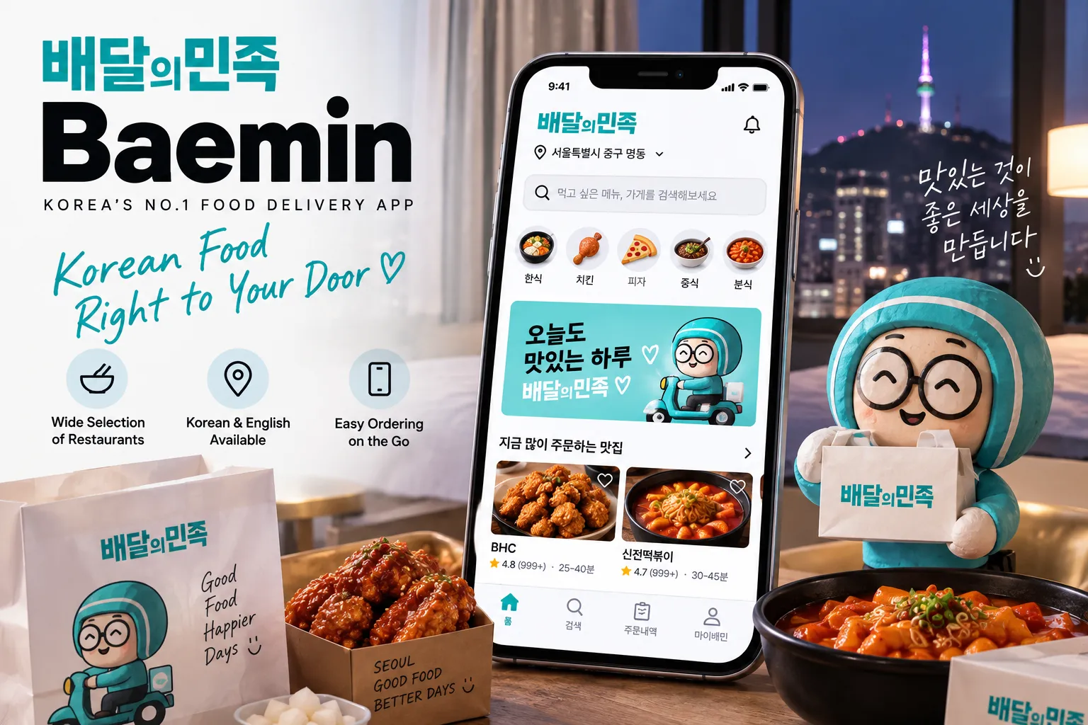 Korean fried chicken and tteokbokki beside a smartphone displaying the Baemin food delivery app.