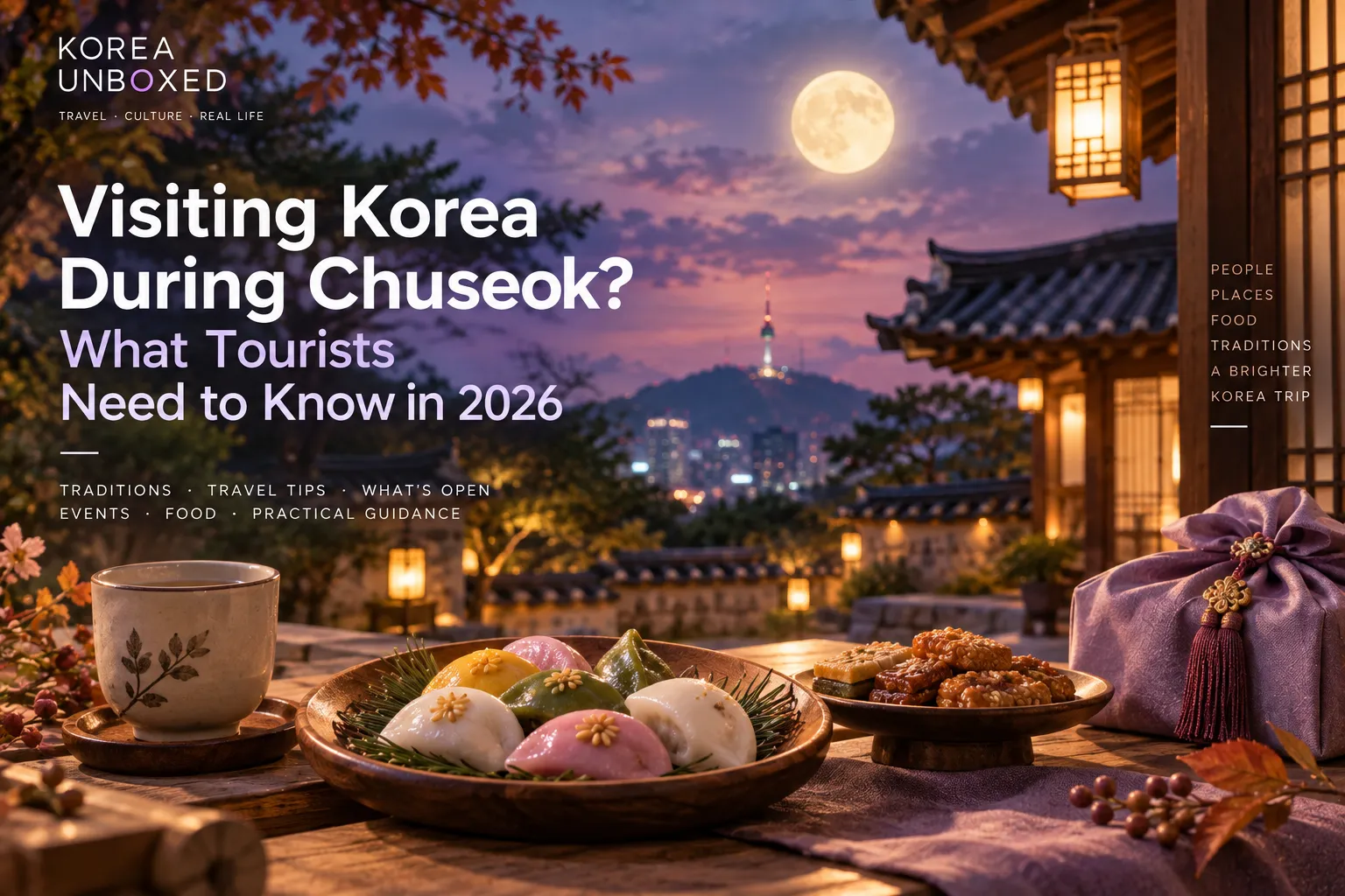 Chuseok celebration at a traditional Korean hanok with songpyeon, tea, lanterns, a full moon, and the Seoul skyline at dusk.