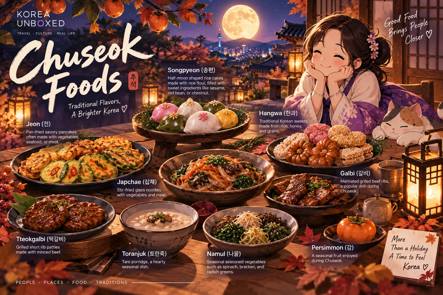 Illustrated Chuseok feast with songpyeon, jeon, japchae, galbi, tteokgalbi, hangwa, namul, taro porridge, and persimmons beneath a full moon in Seoul.