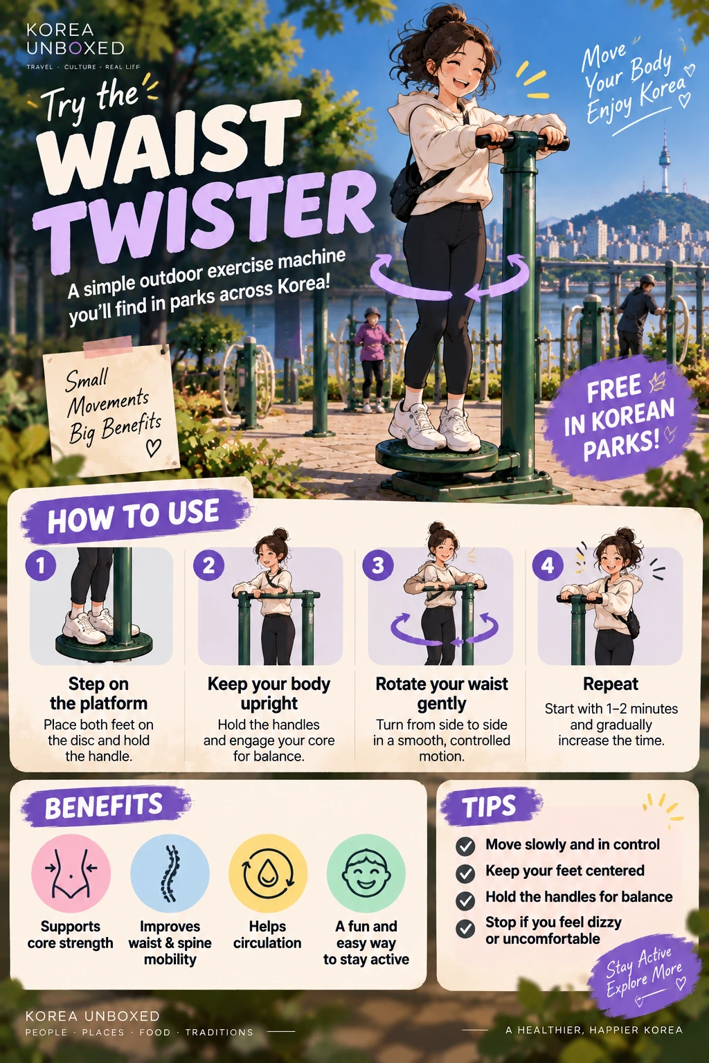 Illustrated instructions for using a waist twister at a Korean outdoor gym, with movement and safety tips.