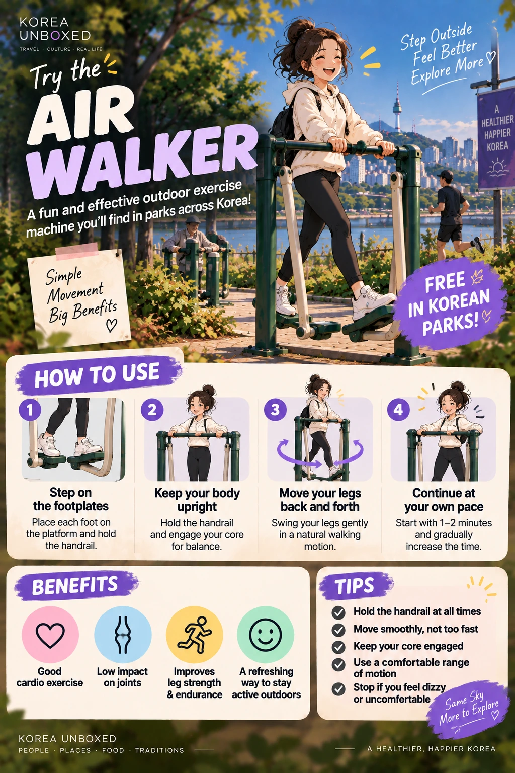 Illustrated instructions for using an air walker at a Korean outdoor gym, with movement and safety tips.