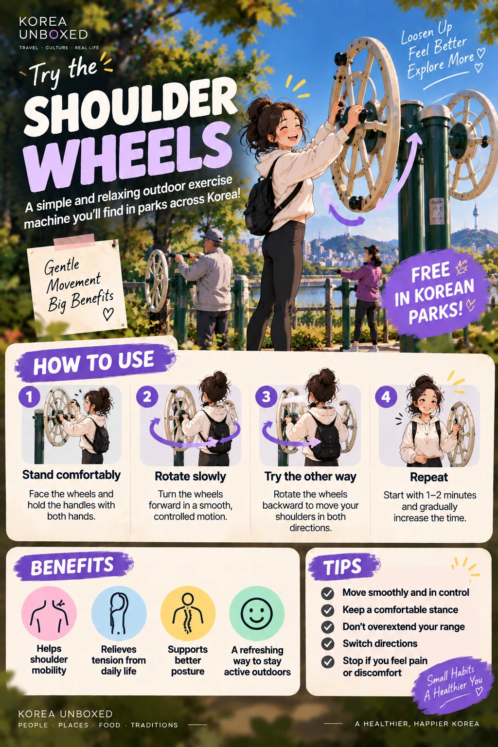 Illustrated instructions for using shoulder wheels at a Korean outdoor gym, with movement and safety tips.