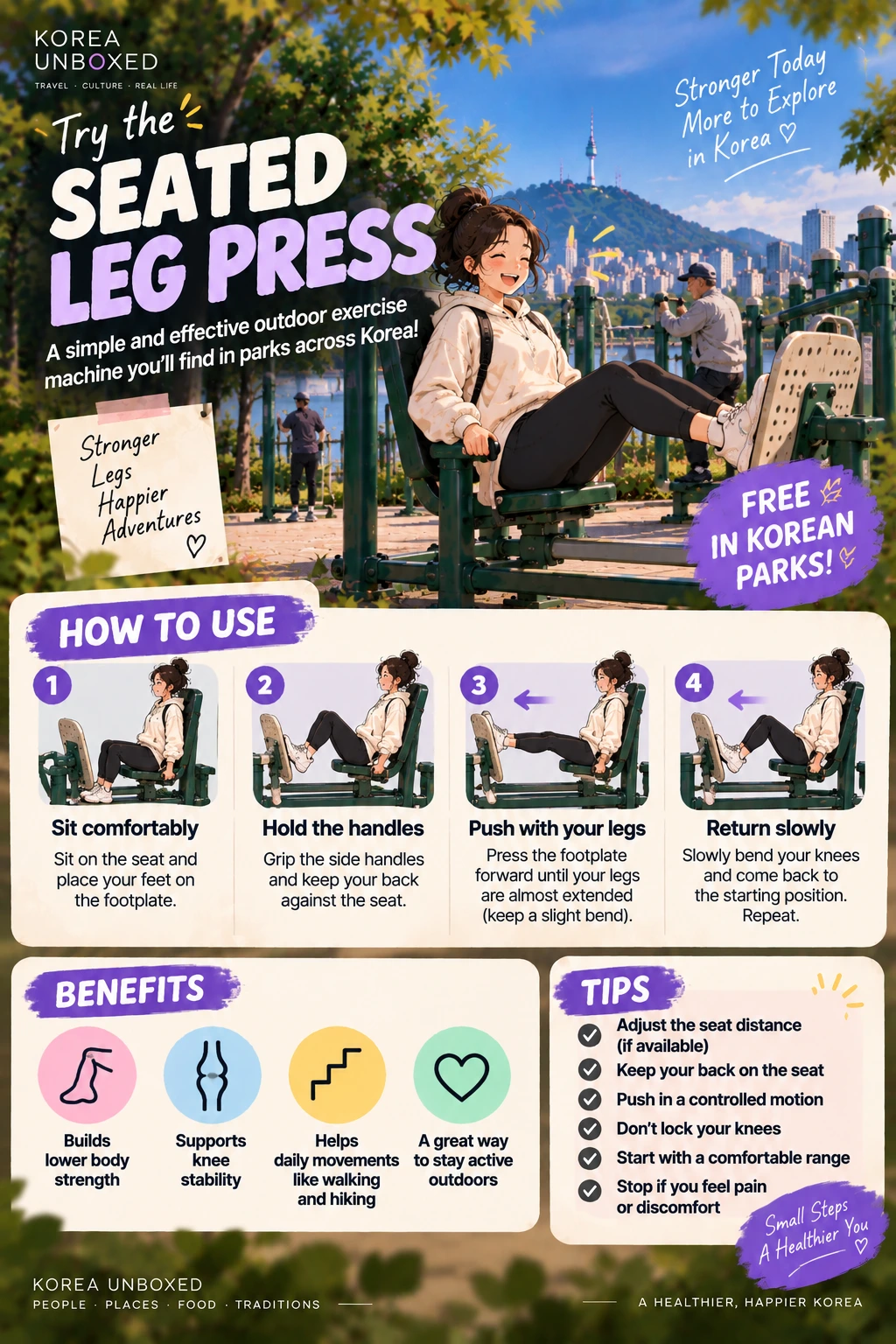 Illustrated instructions for using a seated leg press at a Korean outdoor gym, with movement and safety tips.