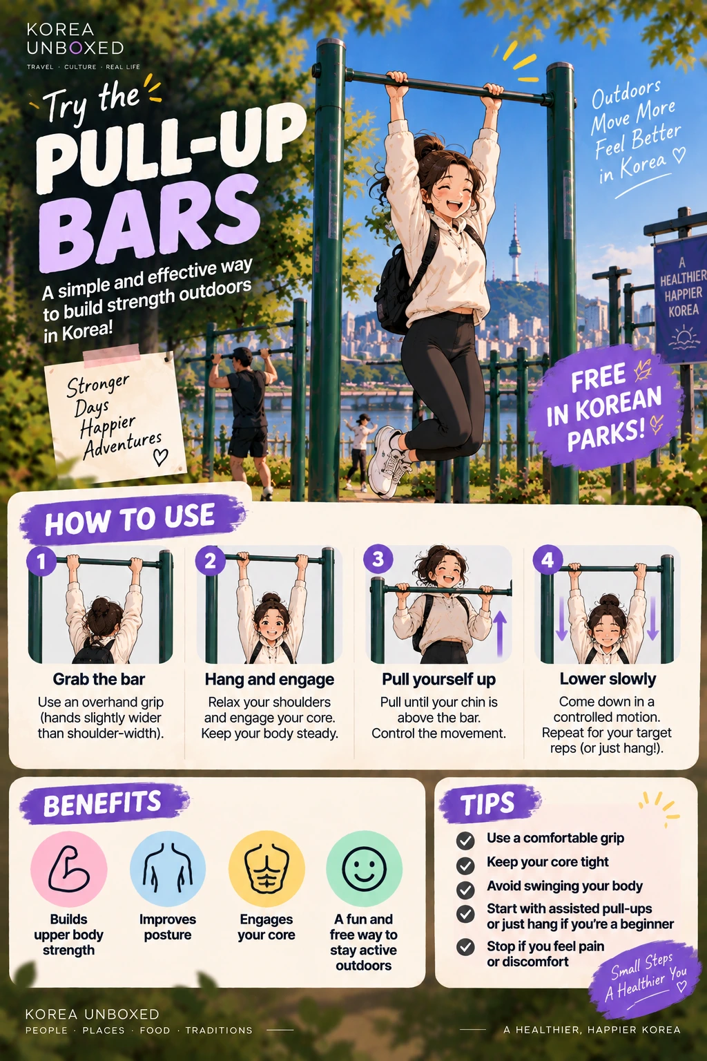 Illustrated instructions and safety tips for using pull-up bars at a Korean outdoor gym.