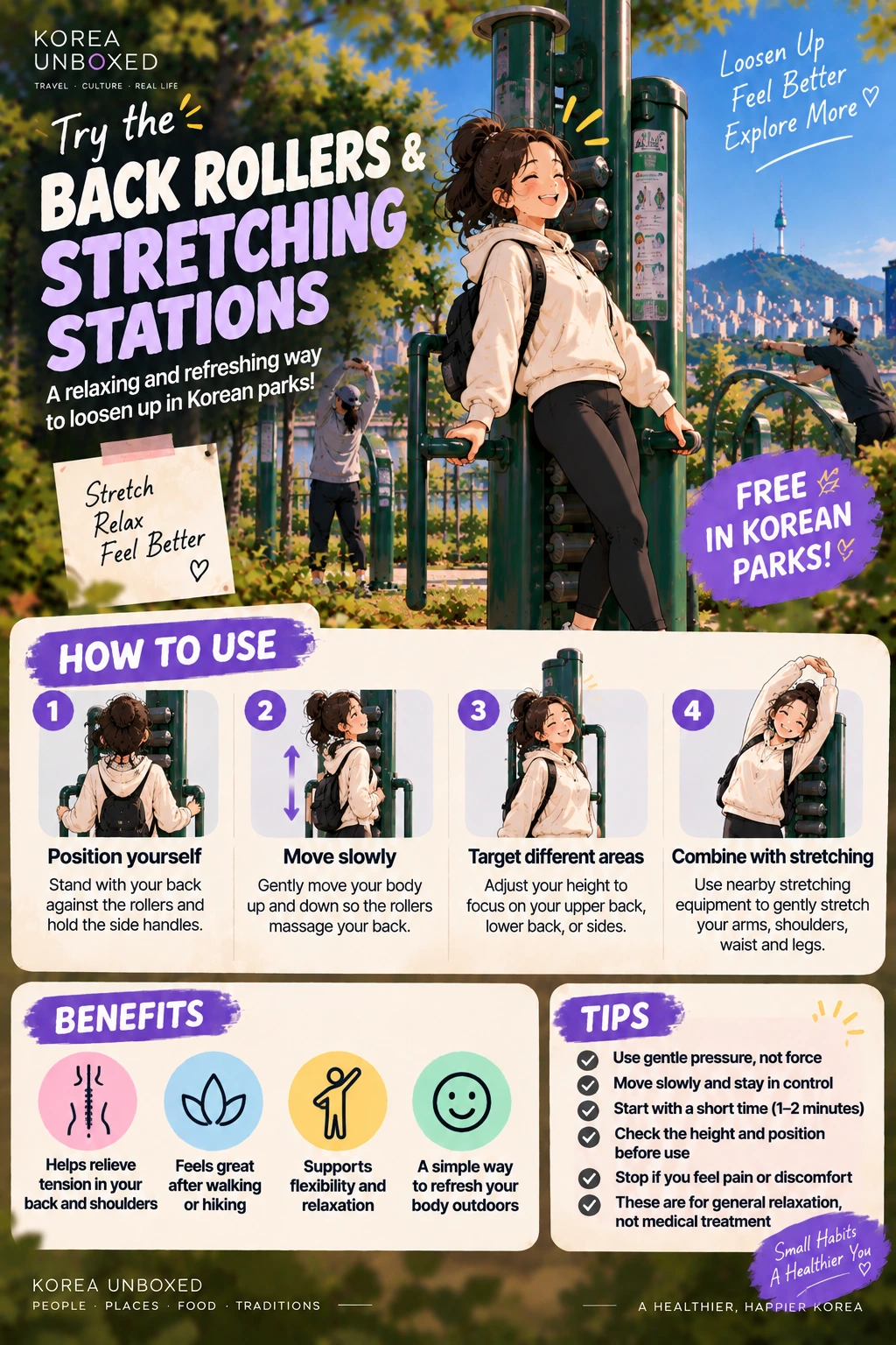 Illustrated instructions for using back rollers and stretching stations at a Korean outdoor gym.