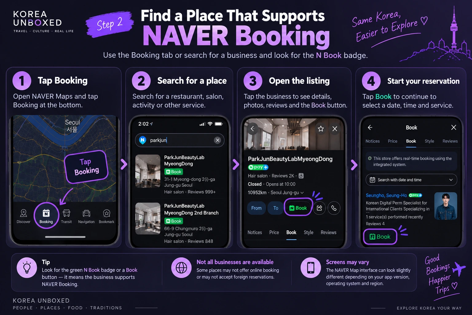 NAVER Booking guide: open Booking, search for a place and select a listing that accepts reservations.