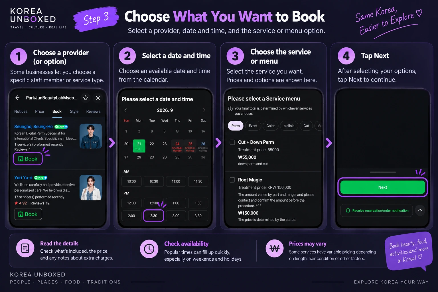 NAVER Booking screens for choosing a provider, date, time and service before continuing.