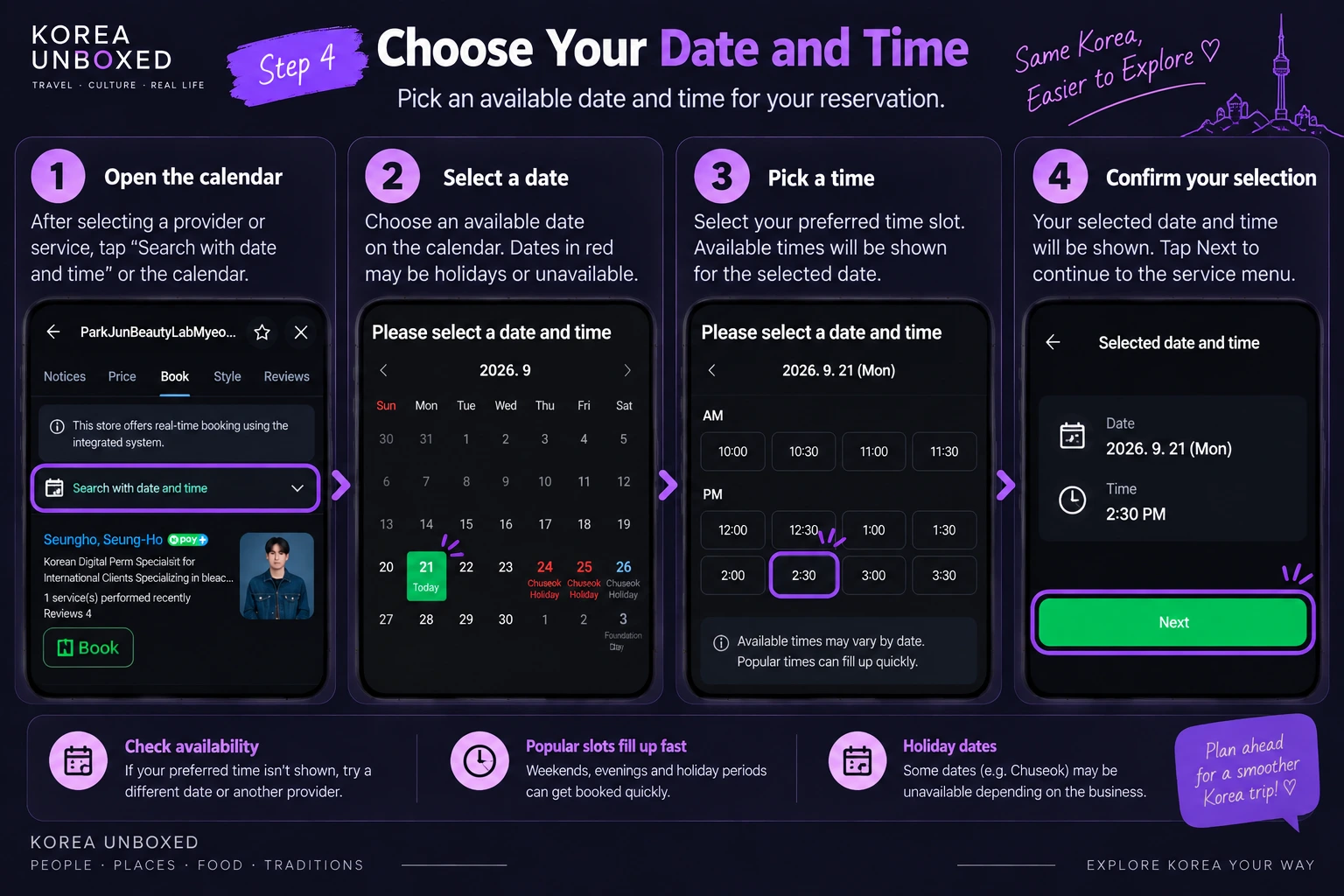 NAVER Booking calendar and time slots for selecting and confirming an appointment.