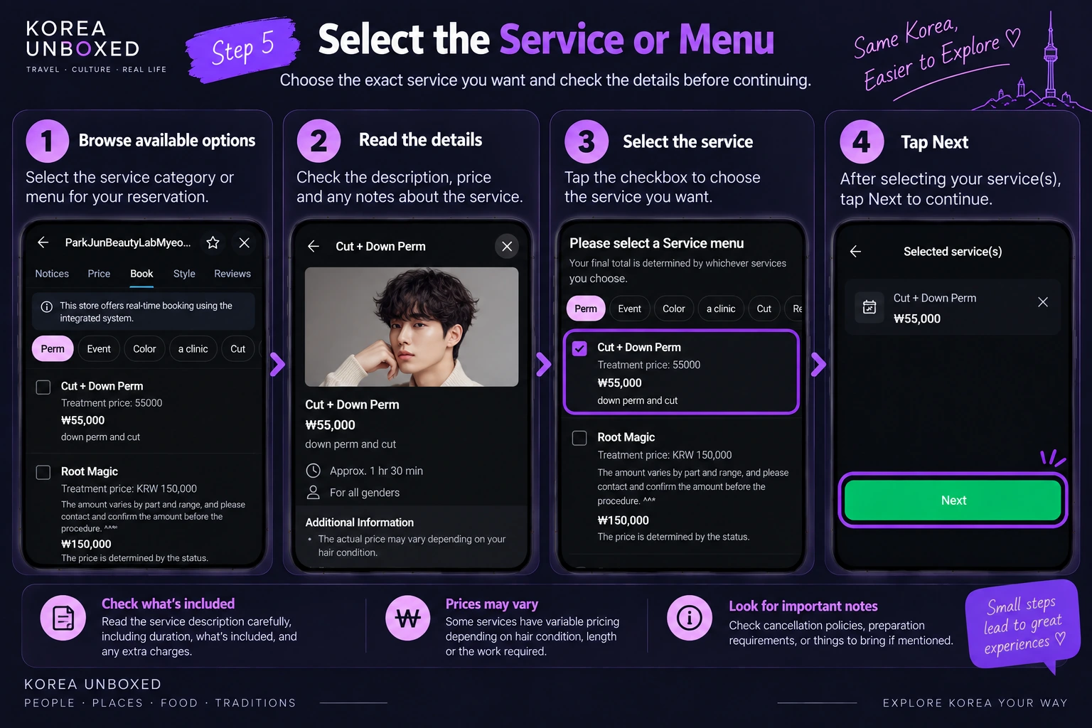NAVER Booking service menu showing treatment options and the next step in a reservation.