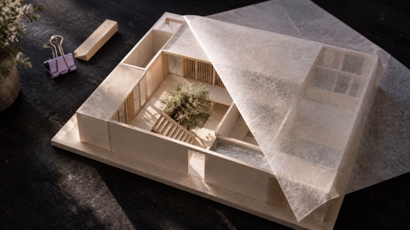 Tracing paper partly covers a cream architectural model, revealing a small courtyard, tree and staircase.