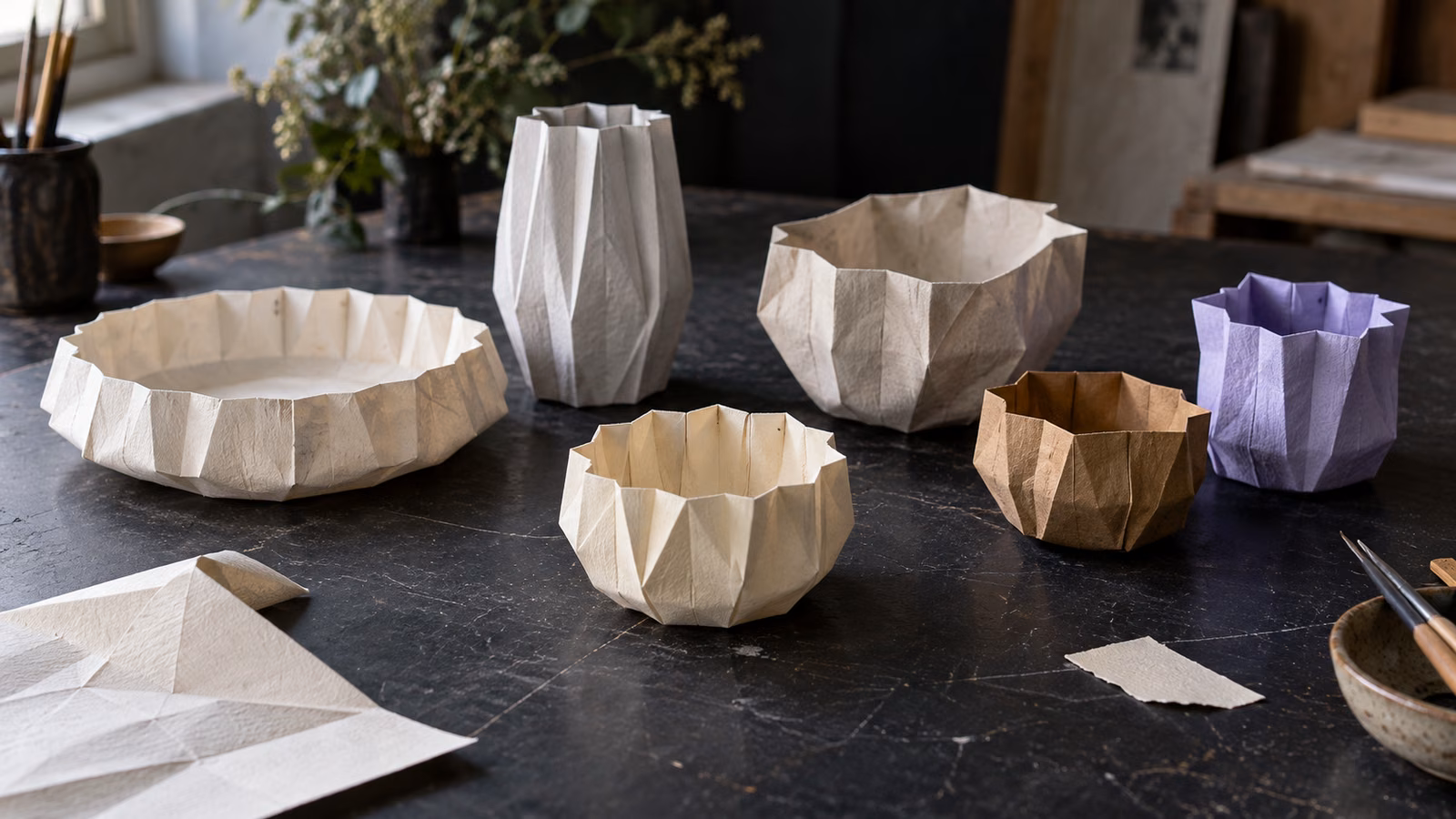 Six handmade pleated-paper vessels in cream, kraft and lavender sit with folded paper on a dark worktable.