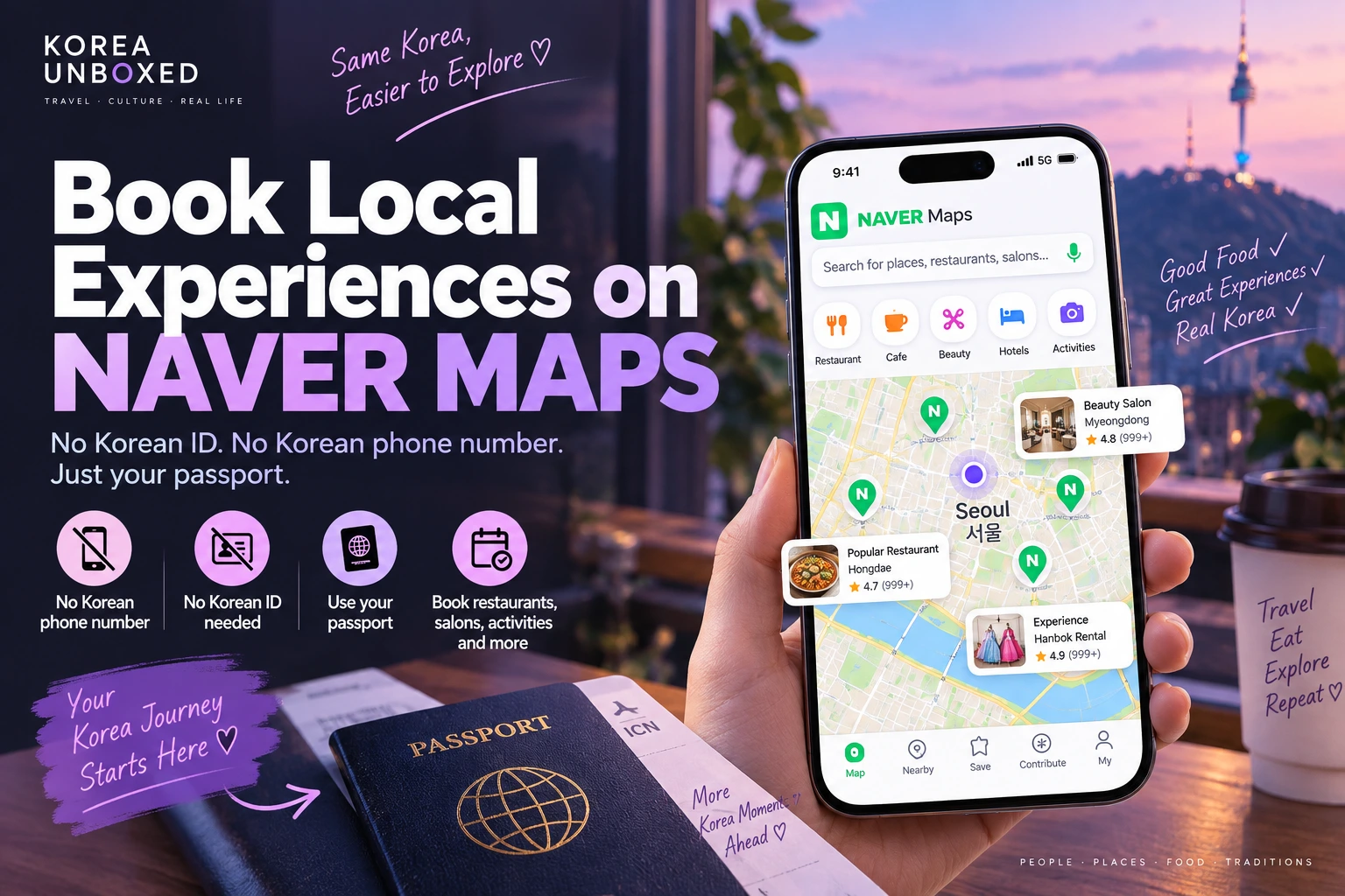 NAVER Maps booking guide showing a smartphone, passport and Seoul skyline, with passport verification for visitors.