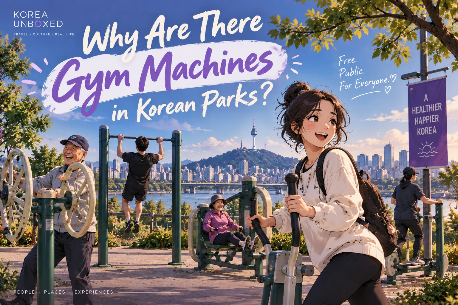 Illustrated guide to free outdoor gym machines in Korean parks, with visitors using exercise equipment.