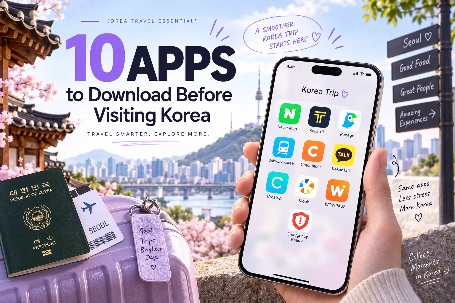 Korea travel essentials graphic showing a smartphone with ten recommended apps against a Seoul backdrop.