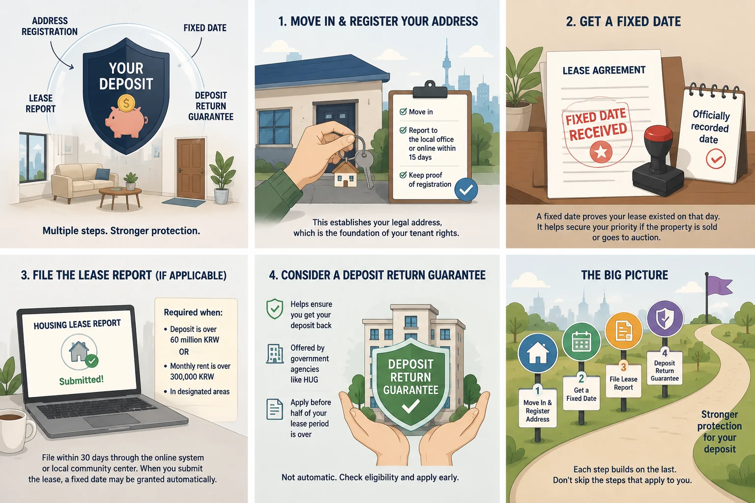 Illustrated checklist of address reporting, a fixed date, supporting documents, and deposit-protection options.