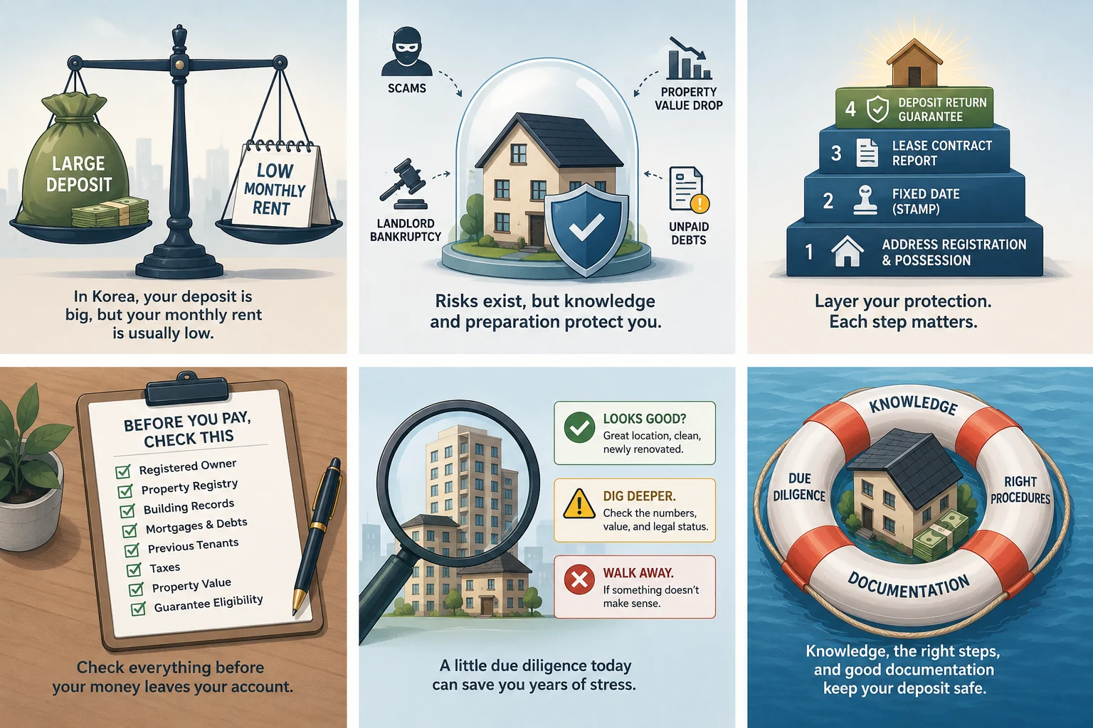 Infographic illustrating rental-deposit risks, document checks, and ways to organize evidence.