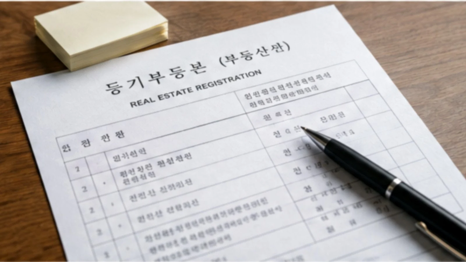 AI-generated illustration of a property registration document with a pen and sticky notes on a desk.