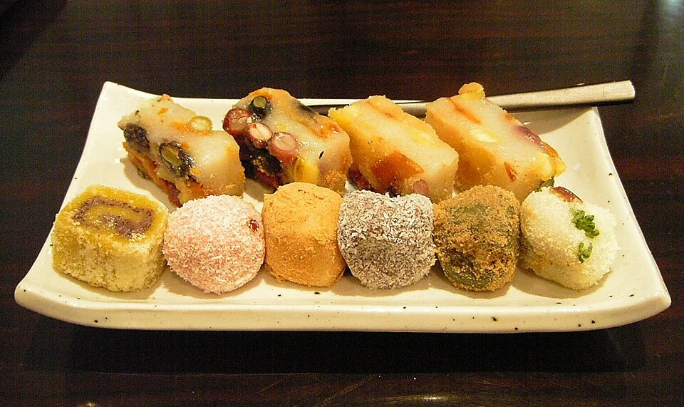 An assortment of Korean rice cakes on a plate.