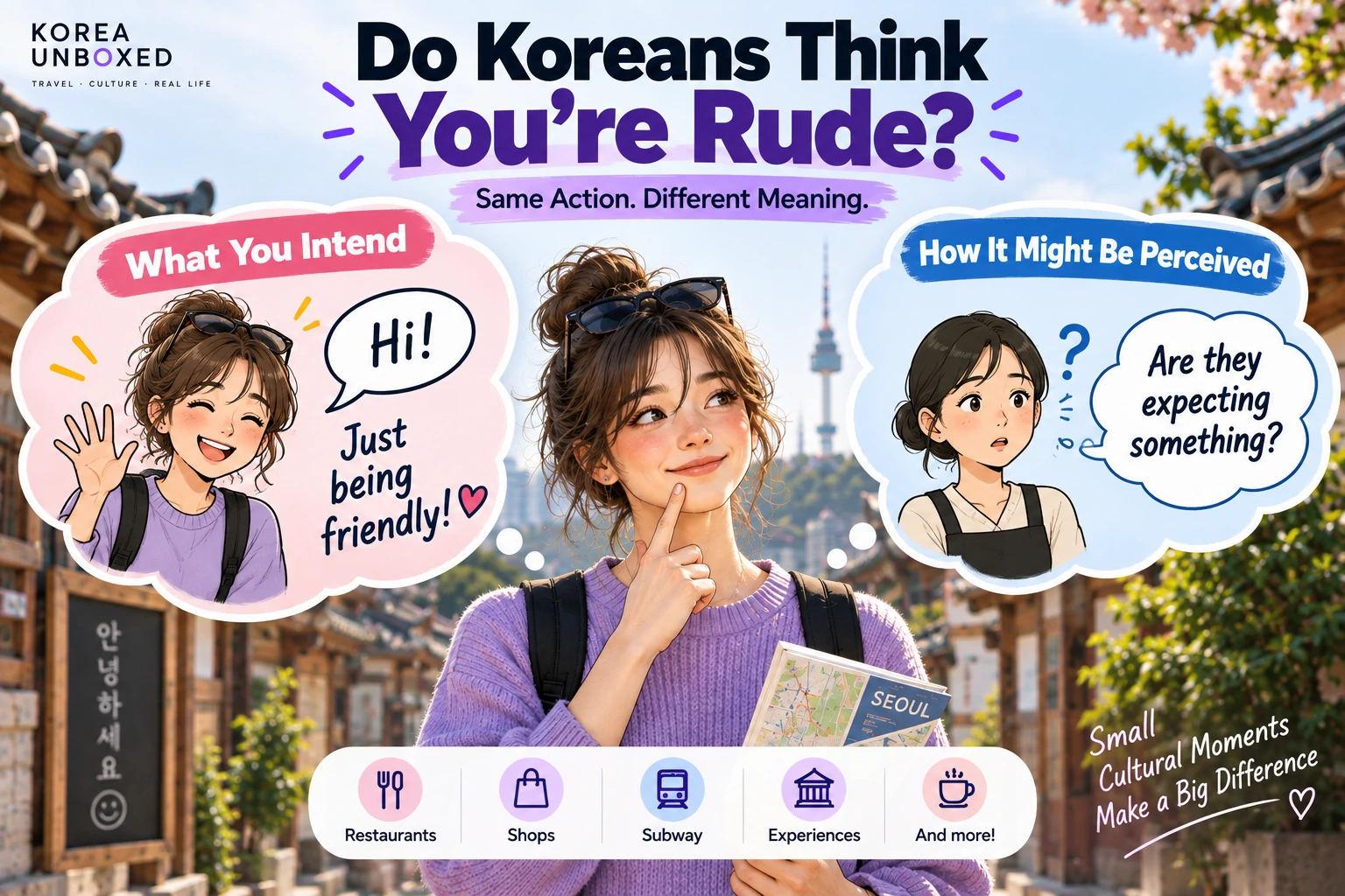Illustration comparing a tourist’s intention with how the same behavior may be perceived in Korea, highlighting cultural differences in politeness.