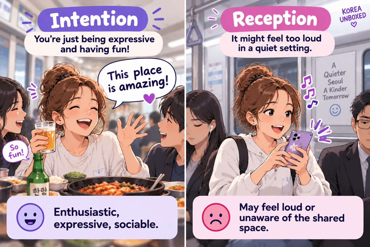 Expressive foreign visitor having fun with friends but standing out when the same loud behavior continues in a quiet Korean subway car.