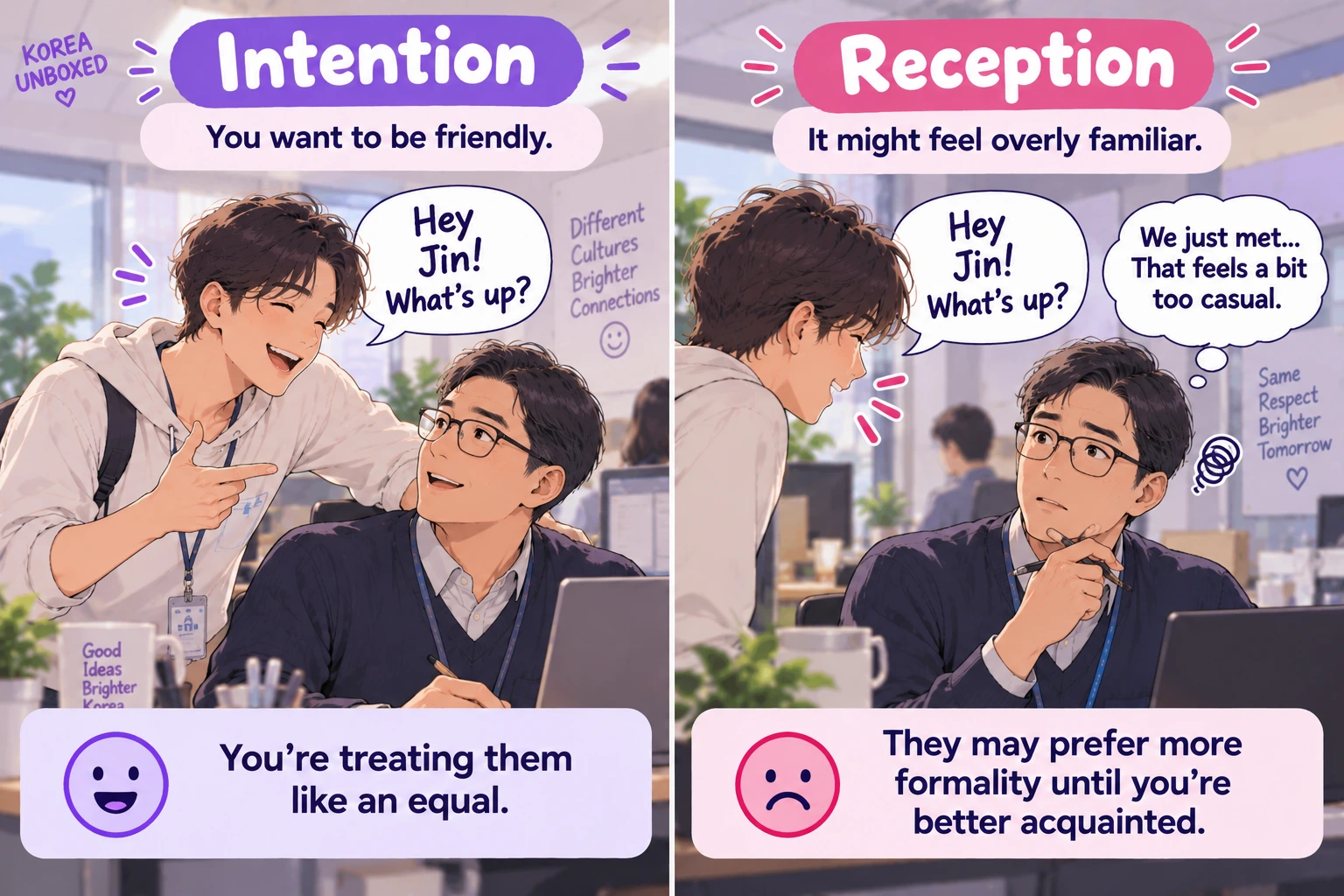 Young foreign coworker speaking casually to an older Korean colleague, who interprets the familiarity as too informal for their relationship.