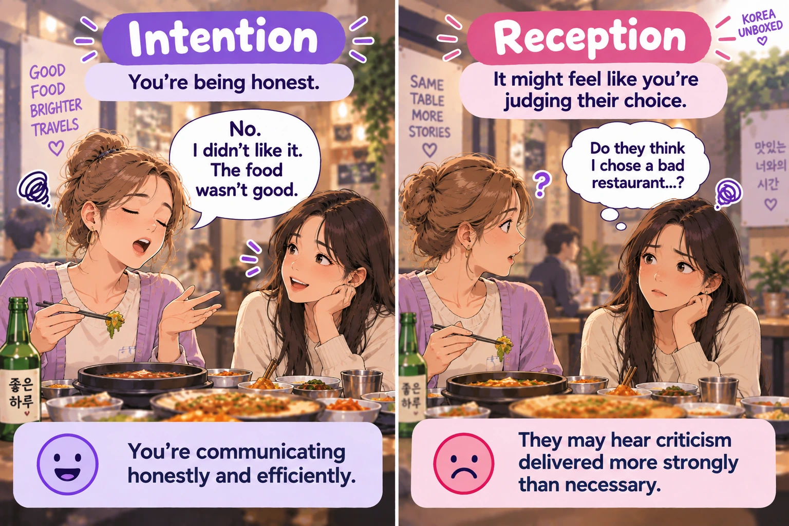 Foreign diner honestly saying she disliked the food while her Korean friend worries that her restaurant choice is being criticized.