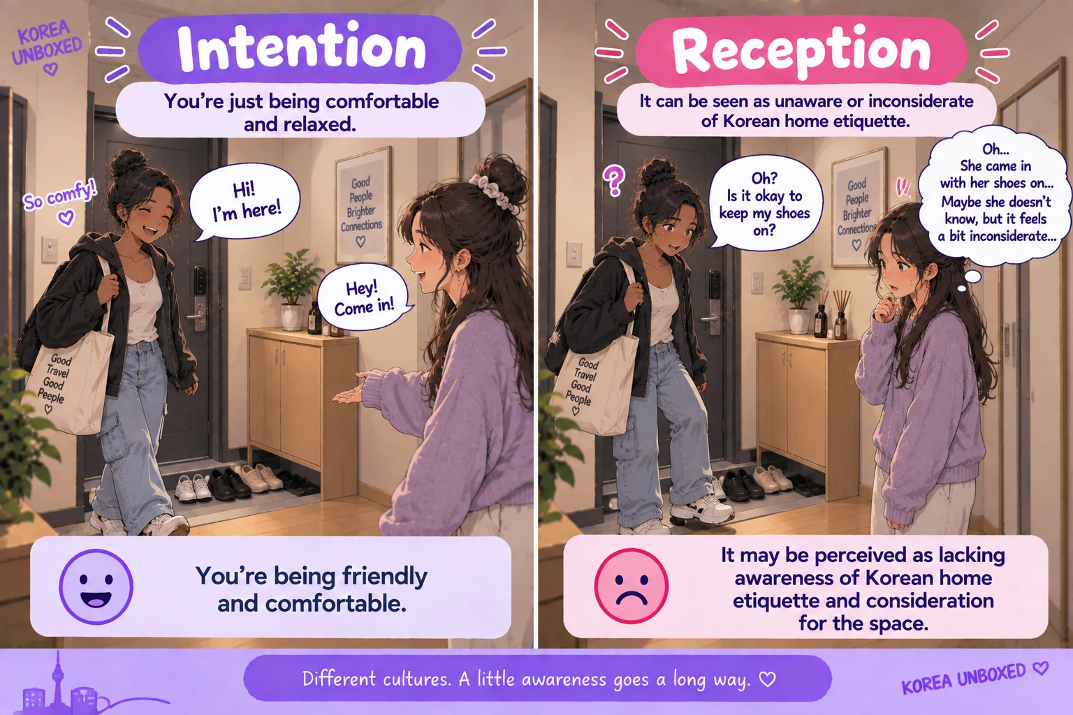 Foreign woman entering her Korean friend’s apartment with her shoes on while her friend reacts with surprise at the home etiquette mistake.