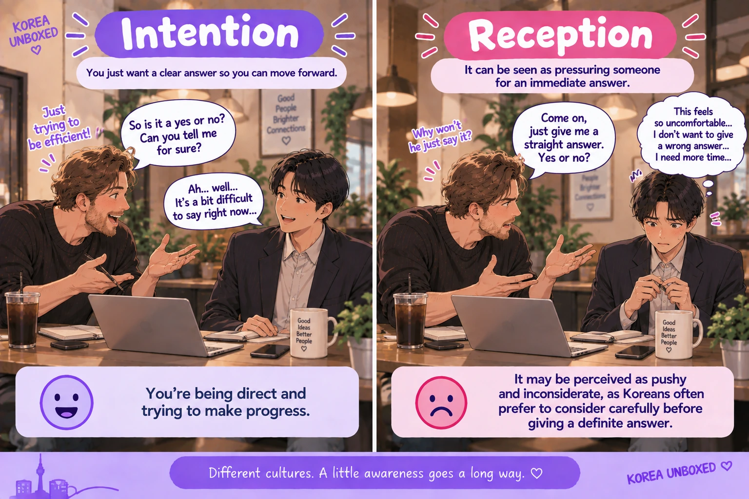 Foreign coworker asking repeatedly for a firm yes-or-no answer while his Korean colleague becomes visibly uncomfortable with the pressure.