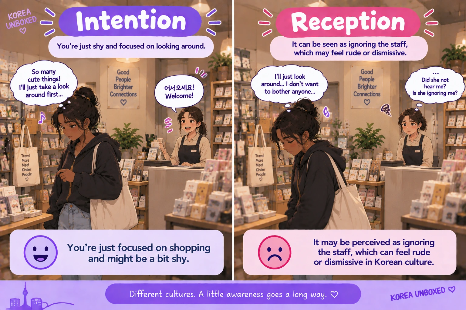 Shy foreign shopper quietly entering a Korean store without responding to the shopkeeper’s greeting, causing the worker to feel ignored.
