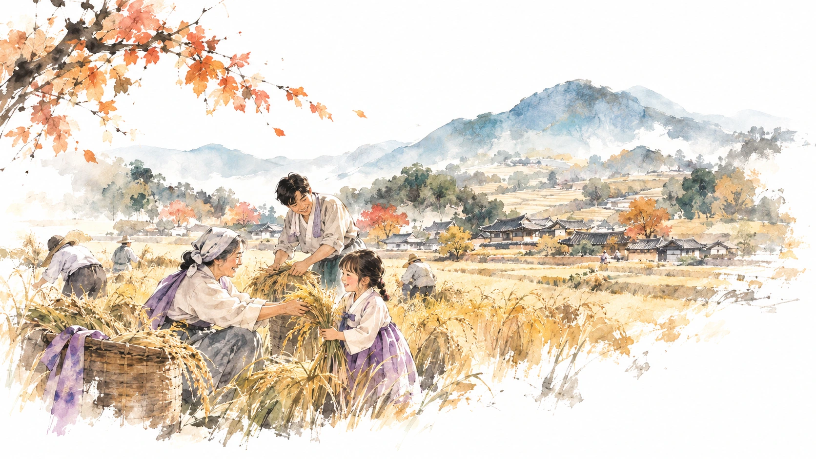 Traditional watercolor scene of a Korean family gathering newly harvested rice and autumn crops in the countryside during Chuseok season.