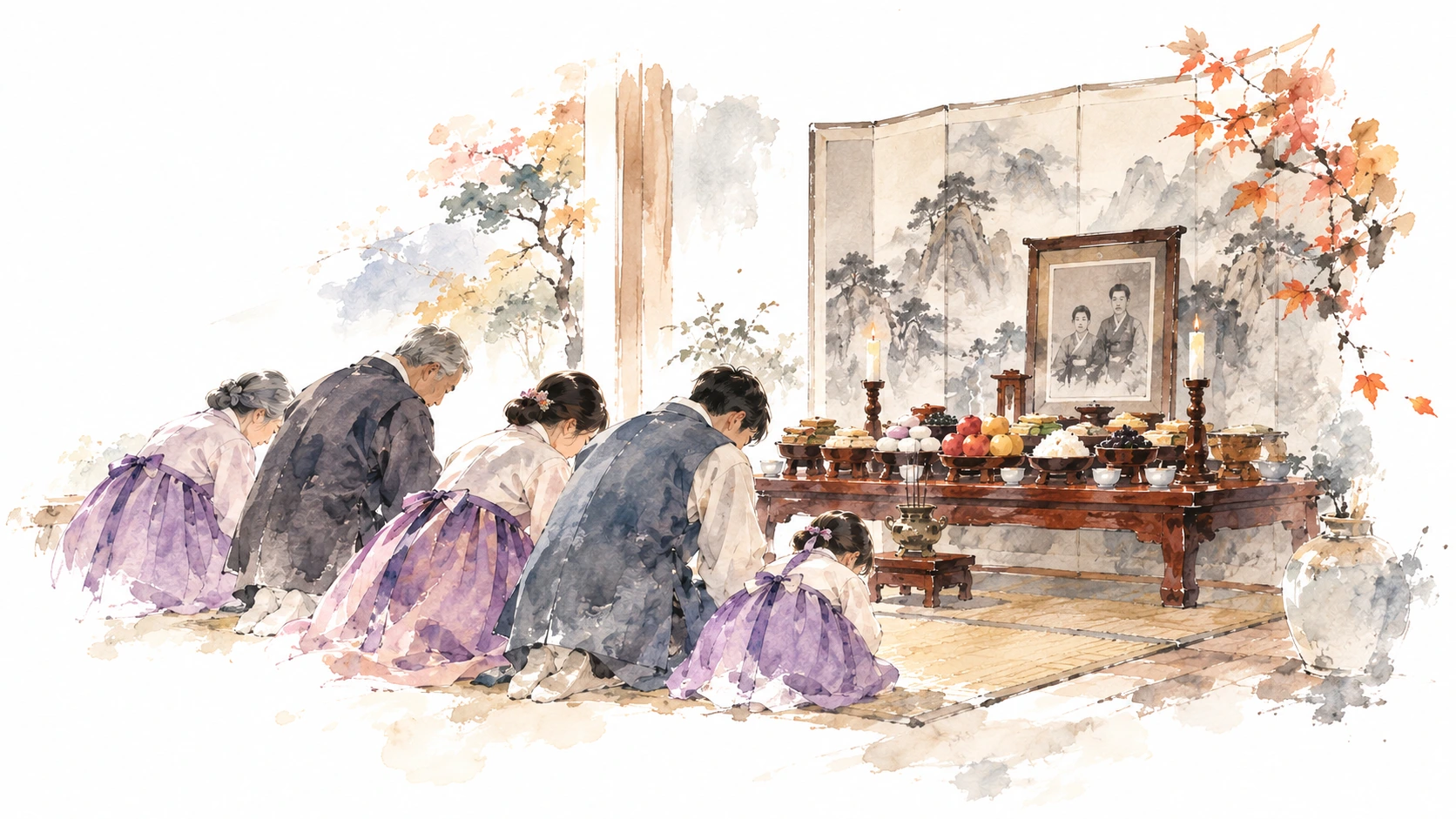 Watercolor illustration of several generations of a Korean family bowing before a Chuseok charye table prepared in honor of their ancestors.