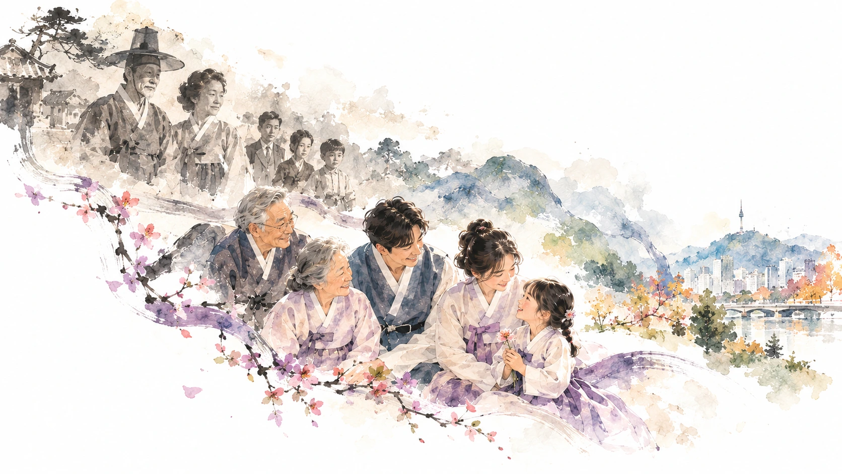 Watercolor portrait of Korean grandparents, parents and a child connected across generations, with faded family memories receding into the background.